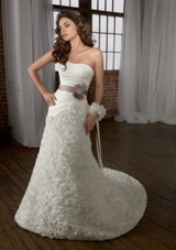 Bridal Dress: Angelina Faccenda: 1226 - Satin Taffeta with Floral Chiffon  Satin tie sash with brooch comes in matching color to gown and Latte. Color: Ivory. Available in three lengths: 55