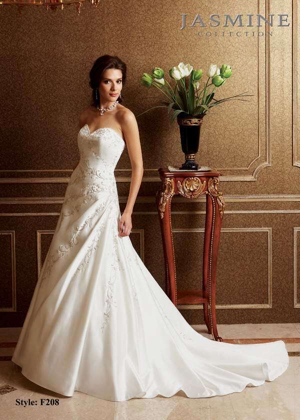 Bridal Dress: COLLECTION BRIDAL - F208  Catalogue Color:  IVORY (IV)  Silhouette:  Strapless sweetheart neckline with beading and embroidery bodice.   Fabric-top layer:  ITALIAN SATIN  Accessory:  N/A  Skirt Length:  Tiffany Train  Size Range:   4-28  