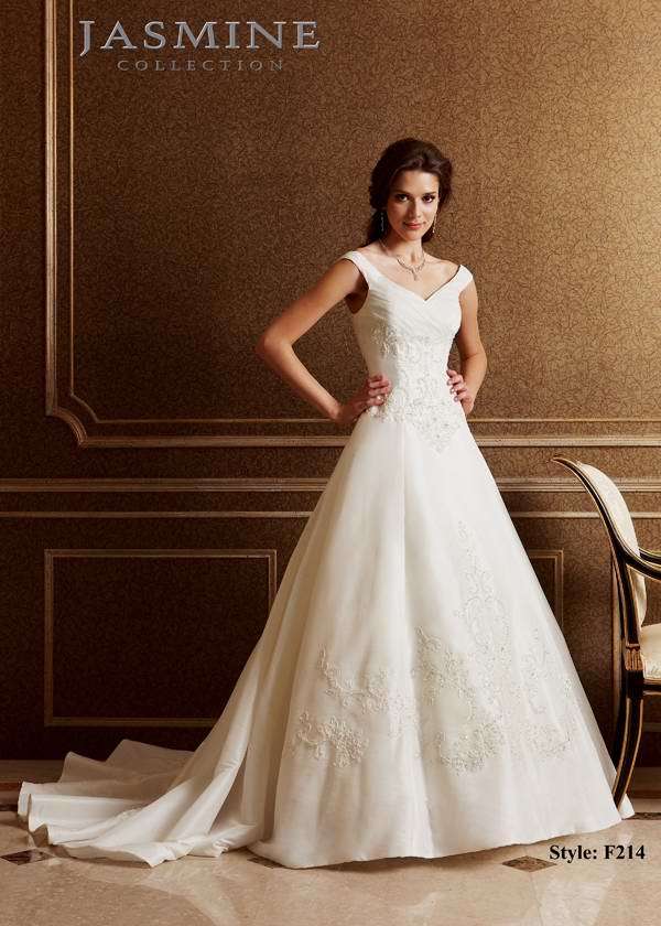 Bridal Dress: COLLECTION BRIDAL - F214  Catalogue Color:  IVORY (IV)  Silhouette:  Portrait neckline detailed with pleated taffeta. Beaded lace on bodice and skirt  Fabric-top layer:  TAFFETA  Accessory:  N/A  Skirt Length:  Tiffany Train  Size Range:   4-28  
