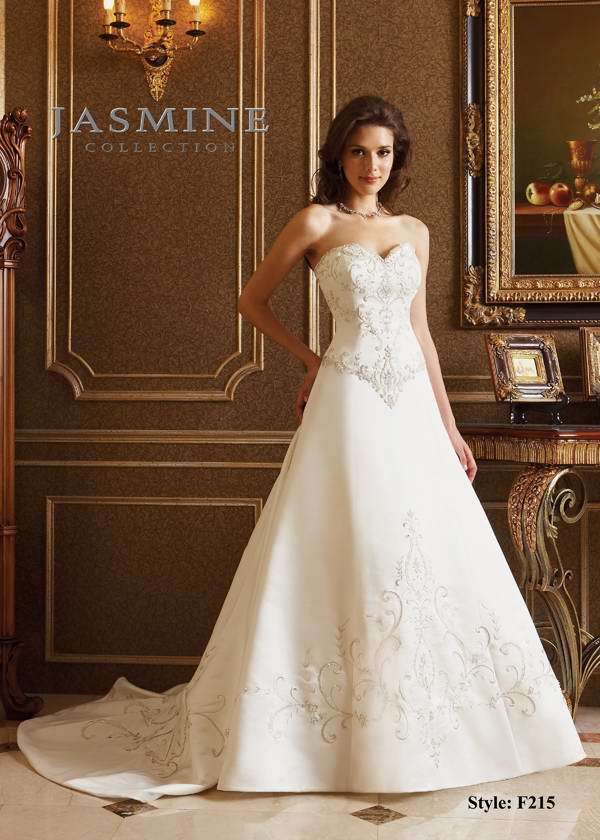 Bridal Dress: COLLECTION BRIDAL - F215  Catalogue Color:  IVORY (IV)  Silhouette:  Sweetheart strapless gown with beading and embroidery.   Fabric-top layer:  ITALIAN SATIN  Accessory:  N/A  Skirt Length:  Tiffany Train  Size Range:   4-28  