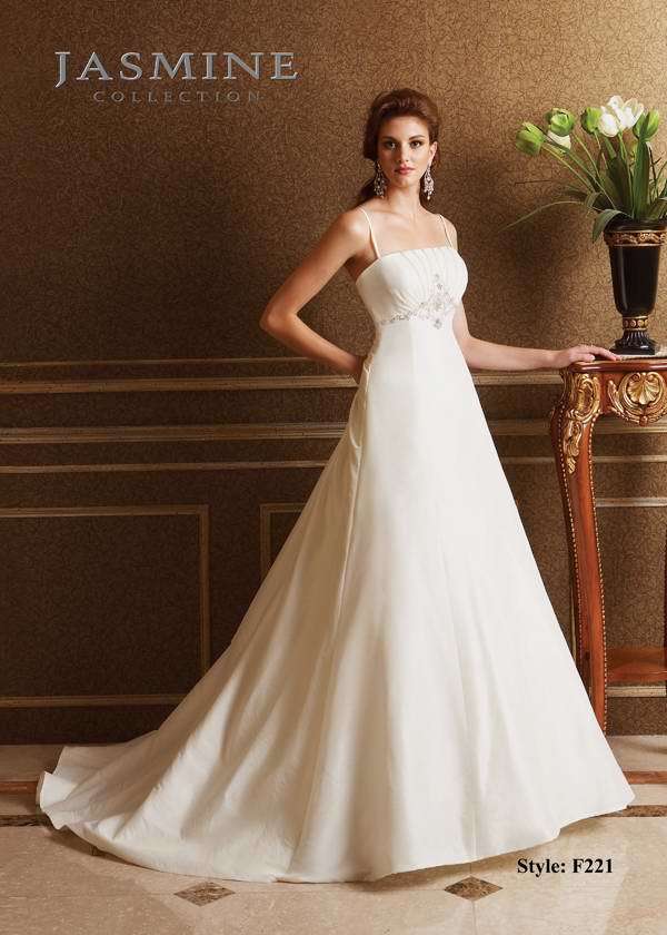 Bridal Dress: COLLECTION BRIDAL - F221  Catalogue Color:  IVORY (IV)  Silhouette:  Taffeta A-line gown with beading and embroidery along the empire waist.  Fabric-top layer:  TAFFETA  Accessory:  N/A  Skirt Length:  Chapel Train  Size Range:   4-28  