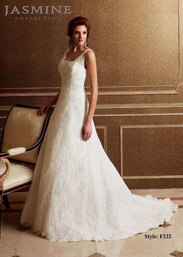 Bridal Dress: COLLECTION BRIDAL - F222  Catalogue Color:  IVORY (IV)  Silhouette:  Sheer lace overlay straps with beaded satin band at empire waist. Lace skirt detailed with scallop hem and covered buttons to end of zipper  Fabric-top layer:  Lace net and ITALIAN SATIN  Accessory:  N/A  Skirt Length:  Chapel Train  Size Range:   4-28  