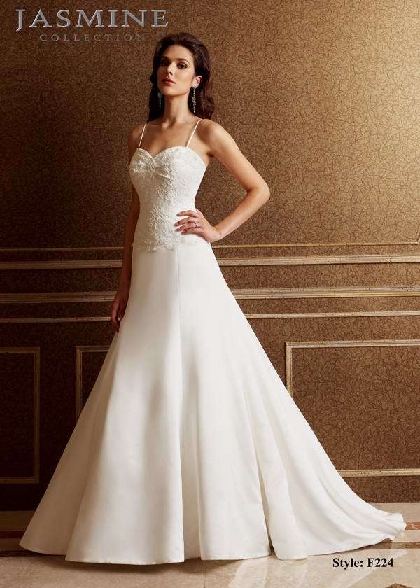 Bridal Dress: COLLECTION BRIDAL - F224  Catalogue Color:  IVORY (IV)  Silhouette:  Sweetheart neckline with beaded spaghetti straps. Beaded lace bodice with covered buttons to end of train  Fabric-top layer:  ITALIAN SATIN  Accessory:  N/A  Skirt Length:  Beaded lace  Size Range:   4-28  