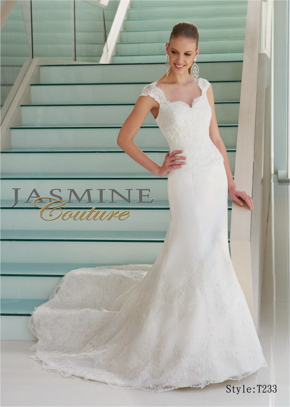 Bridal Dress: COUTURE BRIDAL - T233  Catalogue Color:  IVORY (IV)  Silhouette:  Mock 2 piece Couture Satin gown with beaded lace over tulle.   Fabric-top layer:  COUTURE SATIN and TULLE  Accessory:  N/A  Skirt Length:  Chapel Train  Size Range:   4-28  