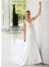Bridal Dress: COUTURE BRIDAL - T236  Catalogue Color:  IVORY (IV)  Silhouette:  Silk satin V-neck with beaded embroidery at empire, top shoulders, and back waist. Swag straps in back attached at top shoulder and bottom bodice with covered buttons on skirt extending to hemline.  Fabric-top layer:  SILK SATIN  Accessory:  N/A  Skirt Length:  Chapel Train  Size Range:   4-28  