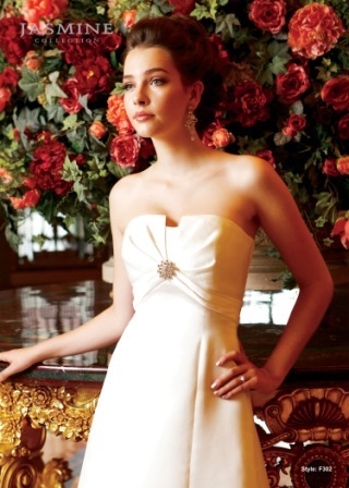 Bridal Dress: COLLECTION BRIDAL - F302  Catalogue Color:		IVORY (IV)	Fabric-top layer:		ITALIAN SATIN and TULLE	Accessory:		N/A	Skirt Length:		Court Train	Size Range: 		4-28 
