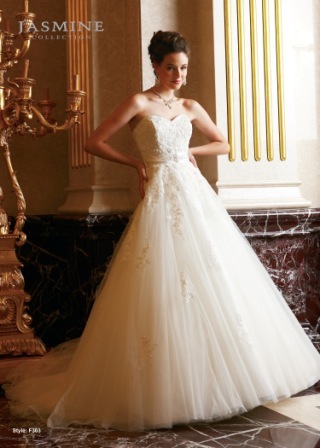 Bridal Dress: COLLECTION BRIDAL - F303  Catalogue Color:		IVORY (IV)-IVORY (IV)	Fabric-top layer:		TULLE and ribbon	Accessory:		N/A	Skirt Length:		Tiffany Train	Size Range: 		4-28 