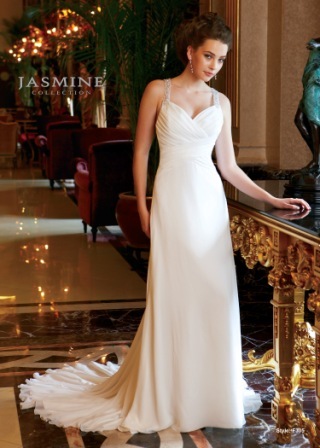 Bridal Dress: COLLECTION BRIDAL - F305  Catalogue Color:		IVORY (IV)	Fabric-top layer:		CHIFFON and CHARMEUSE	Accessory:		N/A	Skirt Length:		Tiffany Train	Size Range: 		4-28 