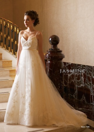 Bridal Dress: COLLECTION BRIDAL - F309  Catalogue Color:		IVORY (IV)	Fabric-top layer:		TULLE and ITALIAN SATIN	Accessory:		N/A	Skirt Length:		Tiffany Train	Size Range: 		4-28 
