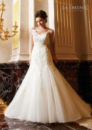 Bridal Dress: COLLECTION BRIDAL - F310  Catalogue Color:		IVORY (IV)	Fabric-top layer:		TULLE and ITALIAN SATIN	Accessory:		N/A	Skirt Length:		Chapel Train	Size Range: 		4-28 