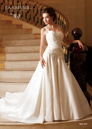 Bridal Dress: COLLECTION BRIDAL - F311  Catalogue Color:		IVORY (IV)	Fabric-top layer:		ITALIAN SATIN	Accessory:		N/A	Skirt Length:		Chapel Train	Size Range: 		4-28 