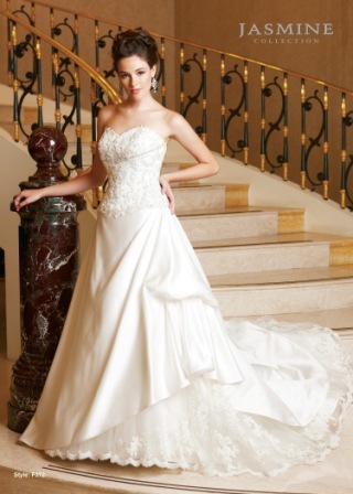 Bridal Dress: COLLECTION BRIDAL - F312  Catalogue Color:		IVORY (IV)	Fabric-top layer:		ITALIAN SATIN and TULLE	Accessory:		N/A	Skirt Length:		Semi-Cathedral Train	Size Range: 		4-28 