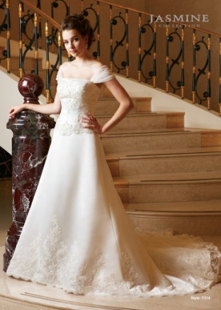 Bridal Dress: COLLECTION BRIDAL - F314  Catalogue Color:		IVORY (IV)	Fabric-top layer:		ITALIAN SATIN, TULLE and SWISS DOT	Accessory:		Shawl	Skirt Length:		Tiffany Train 75 inches	Size Range: 		4-28 