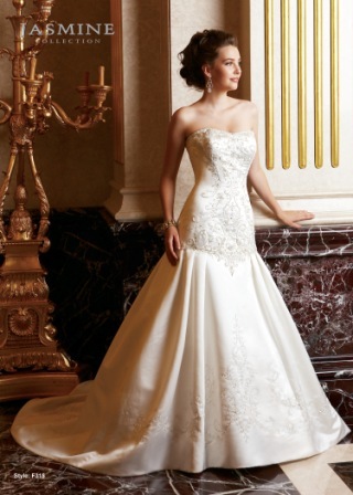 Bridal Dress: COLLECTION BRIDAL - F315  Catalogue Color:		IVORY (IV)	Fabric-top layer:		ITALIAN SATIN	Accessory:		N/A	Skirt Length:		Tiffany Train 75 inches	Size Range: 		4-28 