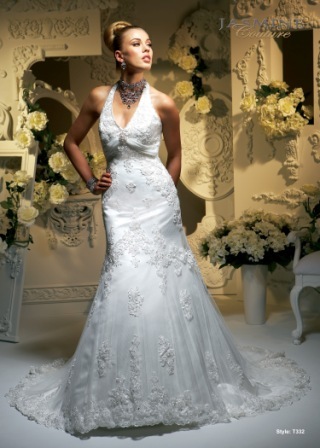 Bridal Dress: COLLECTION COUTURE - T332  Catalogue Color:		IVORY (IV)	Fabric-top layer:		DIAMOND NET and COUTURE SATINT332X for TULLE and COUTURE STAIN 	Accessory:		N/A	Skirt Length:		Chapel Train	Size Range: 		4-28 