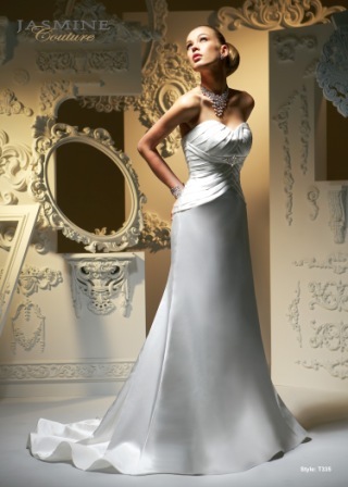 Bridal Dress: COLLECTION COUTURE - T335  Catalogue Color:		IVORY (IV)	Fabric-top layer:		SILK SATIN	Accessory:		N/A	Skirt Length:		Chapel Train	Size Range: 		4-28 