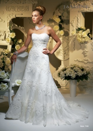 Bridal Dress: COLLECTION COUTURE - T336  Catalogue Color:		IVORY (IV)	Fabric-top layer:		DIAMOND NET and COUTURE SATINT336X for TULLE	Accessory:		N/A	Skirt Length:		Chapel Train	Size Range: 		4-28 