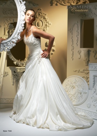 Bridal Dress: COLLECTION COUTURE - T344  Catalogue Color:		IVORY (IV)	Fabric-top layer:		MATTE TAFFETA	Accessory:		N/A	Skirt Length:		Tiffany Train	Size Range: 		4-28 