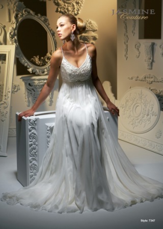 Bridal Dress: COLLECTION COUTURE - T347  Catalogue Color:		IVORY (IV)	Fabric-top layer:		SILK GEORGETTE	Accessory:		N/A	Skirt Length:		Chapel Train	Size Range: 		4-28 
