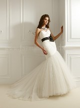 Bridal Dress: COLLECTION BRIDAL FALL 2011 - F464  Catalogue Color:  	IVORY (IV)-BLACK (BK)Fabric-top: 	SATIN FACED ORGANZA, TULLE and LUXE TAFFETAAccessory: 	Flower waistbandSkirt Length: 	Court trainSize Range: 	4-28 