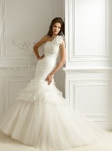 Bridal Dress: COLLECTION BRIDAL FALL 2011 - F466  Catalogue Color:  	IVORY (IV)Fabric-top: 	RADIANT NETTING and SATIN FACED ORGANZASkirt Length: 	Chapel trainSize Range: 	4-28 