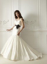 Bridal Dress: COLLECTION BRIDAL FALL 2011 - F474  Catalogue Color:  	IVORY (IV)-BLACK (BK)Fabric-top: 	MATTE TAFFETAAccessory: 	Flower sashSkirt Length: 	Chapel trainSize Range: 	4-28 