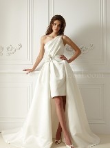 Bridal Dress: COLLECTION BRIDAL FALL 2011 - F475  Catalogue Color:  	IVORY (IV)Fabric-top: 	ITALIAN SATINAccessory: 	Detachable Chapel trainSkirt Length: 	Knee length with detachable Chapel trainSize Range: 	4-28 