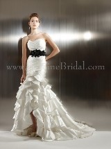 Bridal Dress: COLLECTION COUTURE FALL 2011 - T493  Catalogue Color:  	IVORY (IV)-BLACK (BK)Fabric-top: 	SILK SATIN and LUXE TAFFETAAccessory: 	Flower waistbandSkirt Length: 	Chapel trainSize Range: 	4-28 