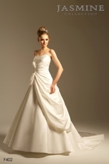 Bridal Dress: COLLECTION BRIDAL - F402  Catalogue Color:		IVORY (IV)	Fabric-top layer:		ITALIAN SATIN	Accessory:		N/A	Skirt Length:		Tiffany train	Size Range: 		4-28 