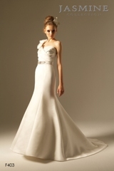 Bridal Dress: COLLECTION BRIDAL - F403  Catalogue Color:		IVORY (IV)	Fabric-top layer:		ITALIAN SATIN, ORGANZA and SWISS DOT	Accessory:		N/A	Skirt Length:		Court train	Size Range: 		4-28 