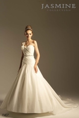 Bridal Dress: COLLECTION BRIDAL - F407  Catalogue Color:		IVORY (IV)	Fabric-top layer:		TAFFETA	Accessory:		Beaded sash	Skirt Length:		Semi-Cathedral	Size Range: 		4-28 