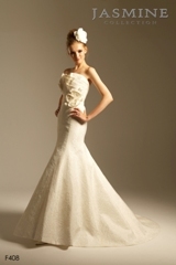 Bridal Dress: COLLECTION BRIDAL - F408  Catalogue Color:		IVORY (IV)	Fabric-top layer:		ROSETTE JACQUARD	Accessory:		Flower	Skirt Length:		Court train	Size Range: 		4-28 