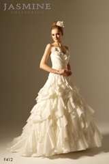 Bridal Dress: COLLECTION BRIDAL - F412  Catalogue Color:		IVORY (IV)	Fabric-top layer:		TAFFETA	Accessory:		N/A	Skirt Length:		Chapel train	Size Range: 		4-28 