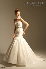 Bridal Dress: COLLECTION BRIDAL - F414  Catalogue Color:		IVORY (IV)	Fabric-top layer:		MATTE TAFFETA	Accessory:		Beaded embroidery sash	Skirt Length:		Chapel train	Size Range: 		4-28 