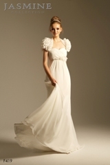 Bridal Dress: COLLECTION BRIDAL - F419  Catalogue Color:		IVORY (IV)	Fabric-top layer:		CHIFFON	Accessory:		Jacket	Skirt Length:		Court train	Size Range: 		4-28 