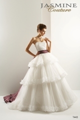 Bridal Dress: COLLECTION COUTURE - T443  Catalogue Color:		IVORY (IV)-ORCHID SHADOW (OH)	Fabric-top layer:		TULLE and LUXE TAFFETA	Accessory:		Detachable train	Skirt Length:		Court train	Size Range: 		4-28 
