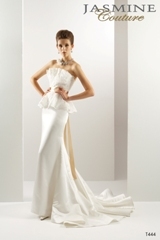 Bridal Dress: COLLECTION COUTURE - T444  Catalogue Color:		IVORY (IV)-GOLD (GD)	Fabric-top layer:		SILK SATIN, TULLE and ribbon	Accessory:		Ribbon sash	Skirt Length:		Chapel Train	Size Range: 		4-28 