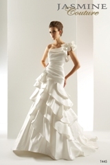 Bridal Dress: COLLECTION COUTURE - T445  Catalogue Color:		IVORY (IV)	Fabric-top layer:		SILK SATIN	Accessory:		Rhinestone brooch	Skirt Length:		Court train	Size Range: 		4-28 