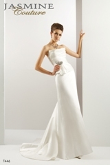 Bridal Dress: COLLECTION COUTURE - T446  Catalogue Color:		IVORY (IV)	Fabric-top layer:		SILK SATIN	Accessory:		Rhinestone brooch	Skirt Length:		Court train	Size Range: 		4-28 