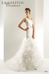 Bridal Dress: COLLECTION COUTURE - T449  Catalogue Color:		IVORY (IV)	Fabric-top layer:		LUX ORGANZA and COUTURE SATIN	Accessory:		Flower waistband	Skirt Length:		Court train	Size Range: 		4-28 