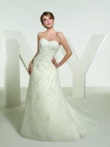 Bridal Dress: MGNY SPRING 2011 - 36036  DELICATE CHIFFON WITH EMBROIDERED LACE APPLIQUES 
