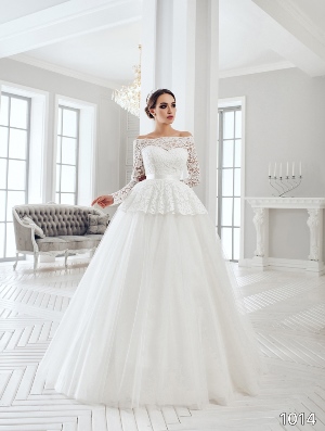 Wedding Dress - Sans Pareil Bridal Collection 2016: 1014 - Lace Peplum top ball gown with illusion sleeves and off-the-shoulder neckline | SansPareil Bridal Gown