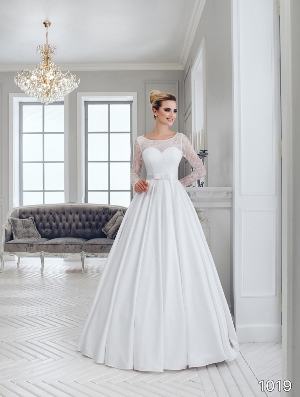 Wedding Dress - Sans Pareil Bridal Collection 2016: 1019 - Satin A-line wedding gown with crystal trimmed illusion neckline and sleeves | SansPareil Bridal Gown