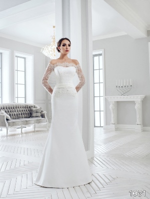 Wedding Dress - Sans Pareil Bridal Collection 2016: 1031 - Whimsical fit and flare off-the-shoulder gown with ruched waistline and illusion sleeves | SansPareil Bridal Gown