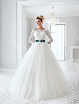 Wedding Dress - Sans Pareil Bridal Collection 2016: 886 - Lace and tulle basque waist wedding dress with jewel tone waistband | SansPareil Bridal Gown