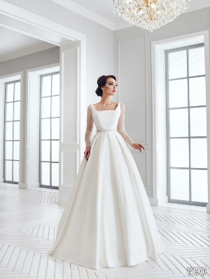 Wedding Dress - Sans Pareil Bridal Collection 2016: 890 - Beaded illusion full-sleeve wedding gown with square neckline and gathered A-line skirt | SansPareil Bridal Gown