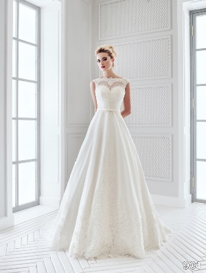Wedding Dress - Sans Pareil Bridal Collection 2016: 901 - Classic A-line cap lace wedding dress with scalloped lace hemline | SansPareil Bridal Gown