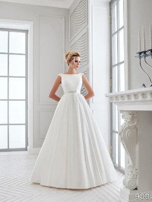 Wedding Dress - Sans Pareil Bridal Collection 2016: 908 - Satin cap-sleeve A-line gown with crystal trimmed neckline and cut-out back  | SansPareil Bridal Gown