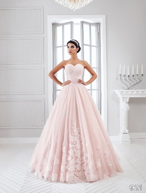 Wedding Dress - Sans Pareil Bridal Collection 2016: 921 - Lace sweetheart bodice on pink net A-line gown with lace hemline  | SansPareil Bridal Gown