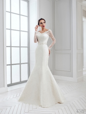 Wedding Dress - Sans Pareil Bridal Collection 2016: 928 - Stylish illusion full-length sleeves on lace embellished fit and flare satin gown | SansPareil Bridal Gown